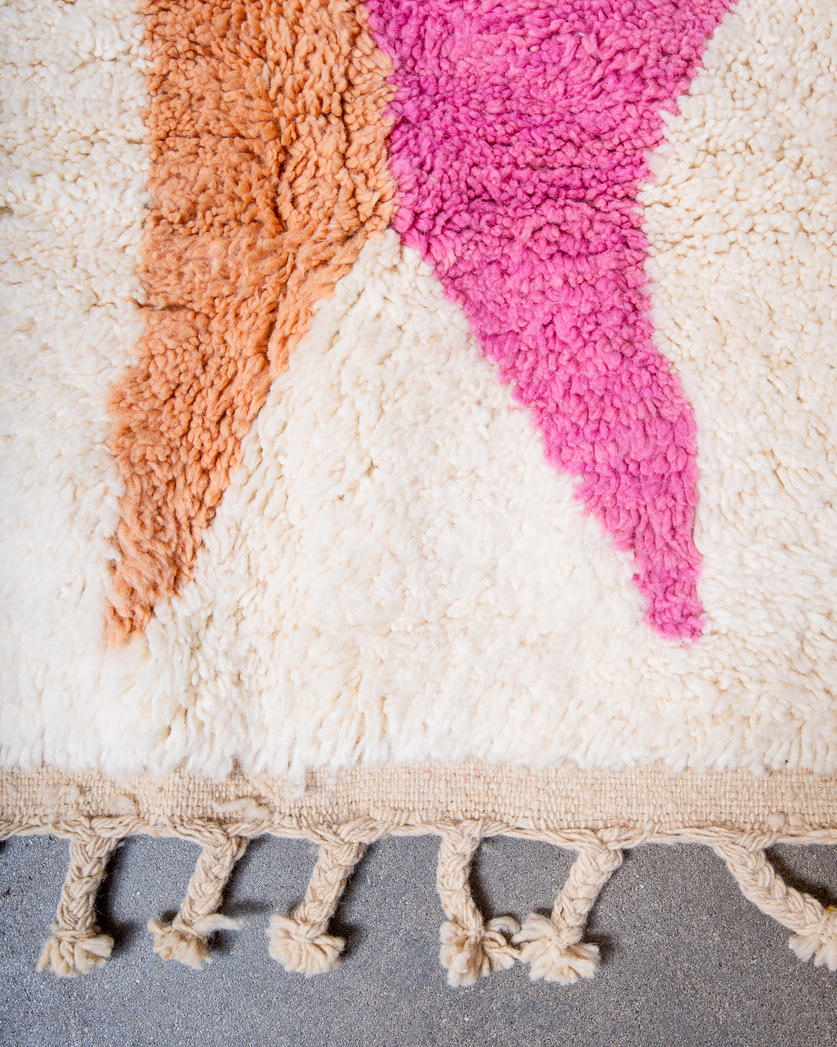 Modern, designer, handcrafted Berber rug from Morocco. Beniourain carpet with beautiful colours and patterns and fluffy wool texture.